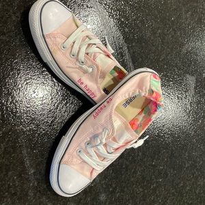 Ladies ALL STAR Converse BABY PINK w/ be happy embroidered on each sneaker.